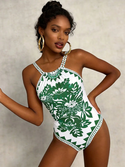 One-Piece Floral Print Sexy Backless Bohemian Swimsuit, Suitable For Beach Vacation In Summer