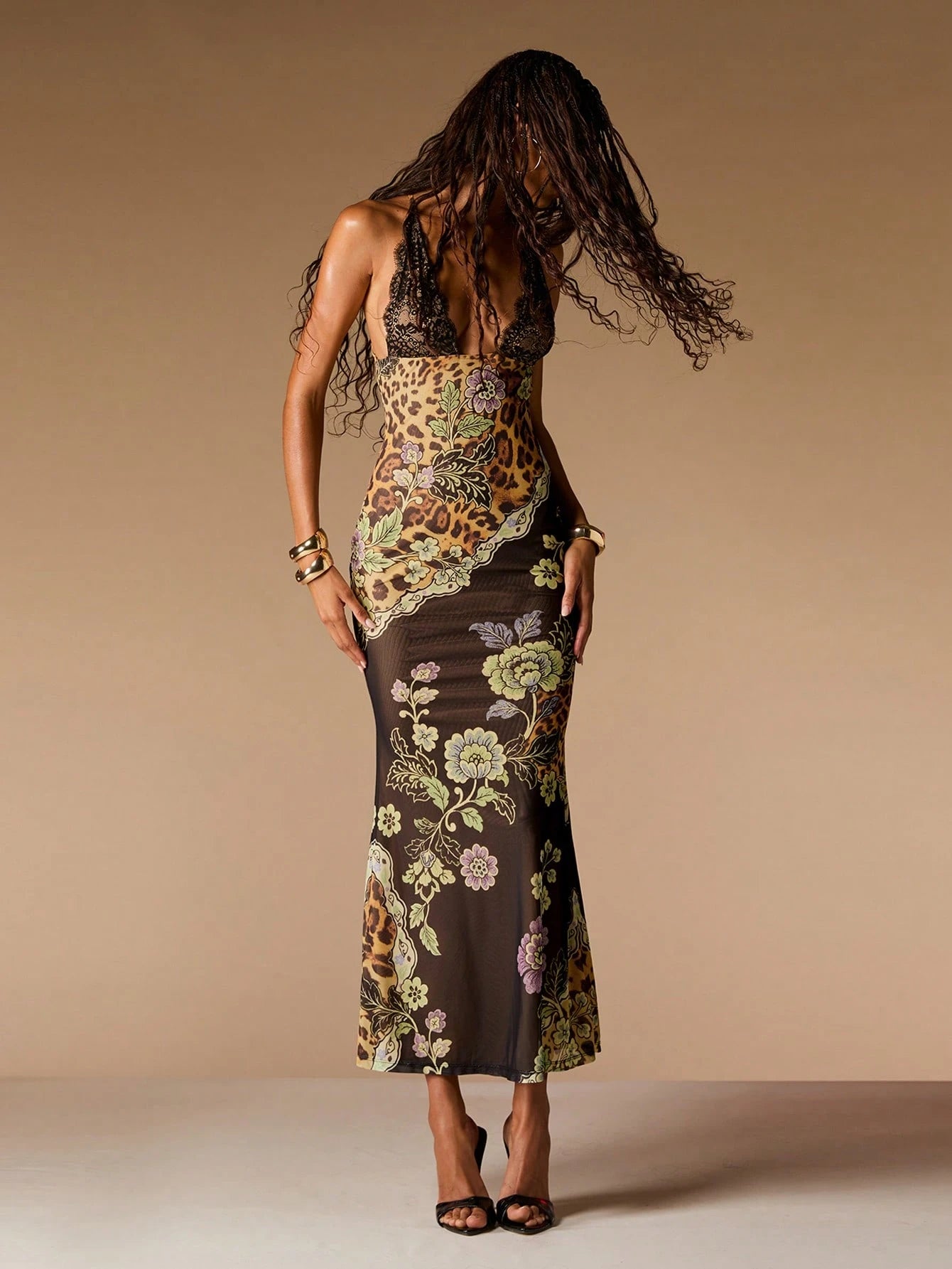 Opulessa Vacation Knit Printed Halter Neck Slim Fit Dress For Women