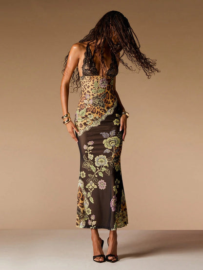 Opulessa Vacation Knit Printed Halter Neck Slim Fit Dress For Women