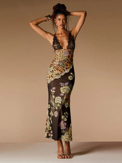 Opulessa Vacation Knit Printed Halter Neck Slim Fit Dress For Women