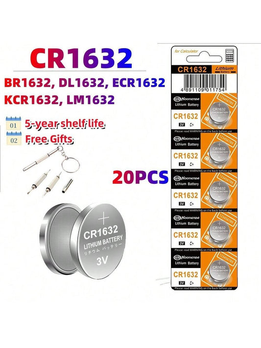 Original 20PCS High Capacity CR1632 3V Lithium Button Cell For Watches, Key Fobs, Calculators, Medical Devices, And More With Gift