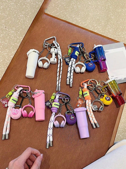 [Original Handmade] Mini Water Bottle Keychain, Woven Rope Keychain/Wrist Accessory, 3D Earphone Accessory, Car Key Anti-Loss Chain, Exquisite Girls Earphone Decoration, Women's Summer Charming Bag Ch