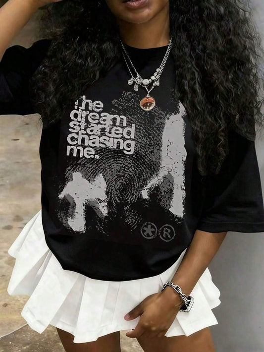 Oversized Tween Girl Cotton Clothes, Y2K-Inspired Letter Print T-Shirt- Casual Crew Neck, Short Sleeve, Perfect For Spring/Fall, Fashion