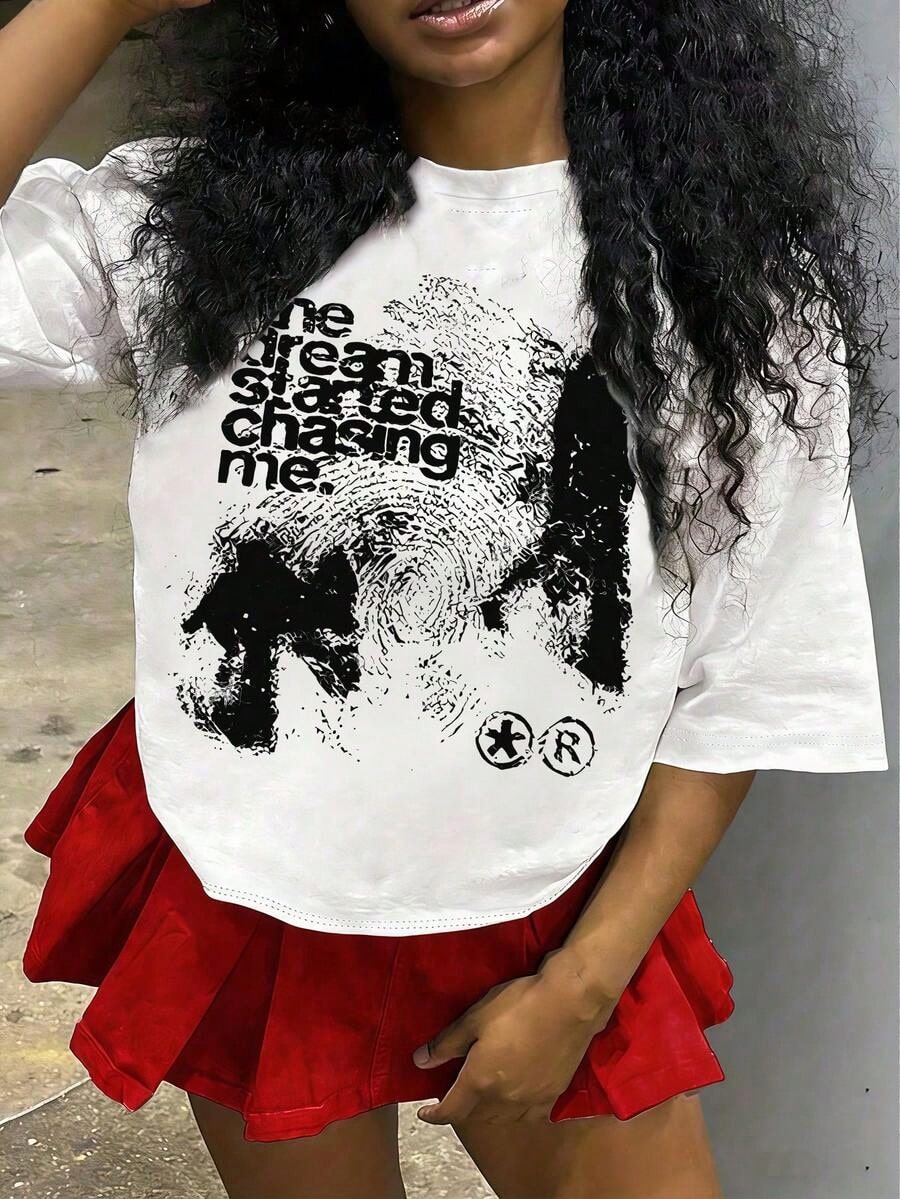 Oversized Tween Girl Cotton Clothes, Y2K-Inspired Letter Print T-Shirt- Casual Crew Neck, Short Sleeve, Perfect For Spring/Fall, Fashion