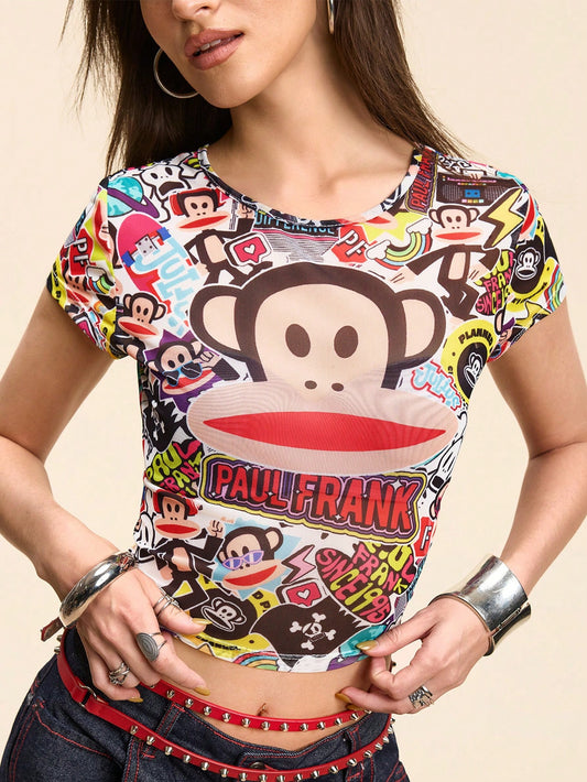 Paul Frank X Women's Monkey Print Fitted Round Neck Short Sleeve Top, Summer