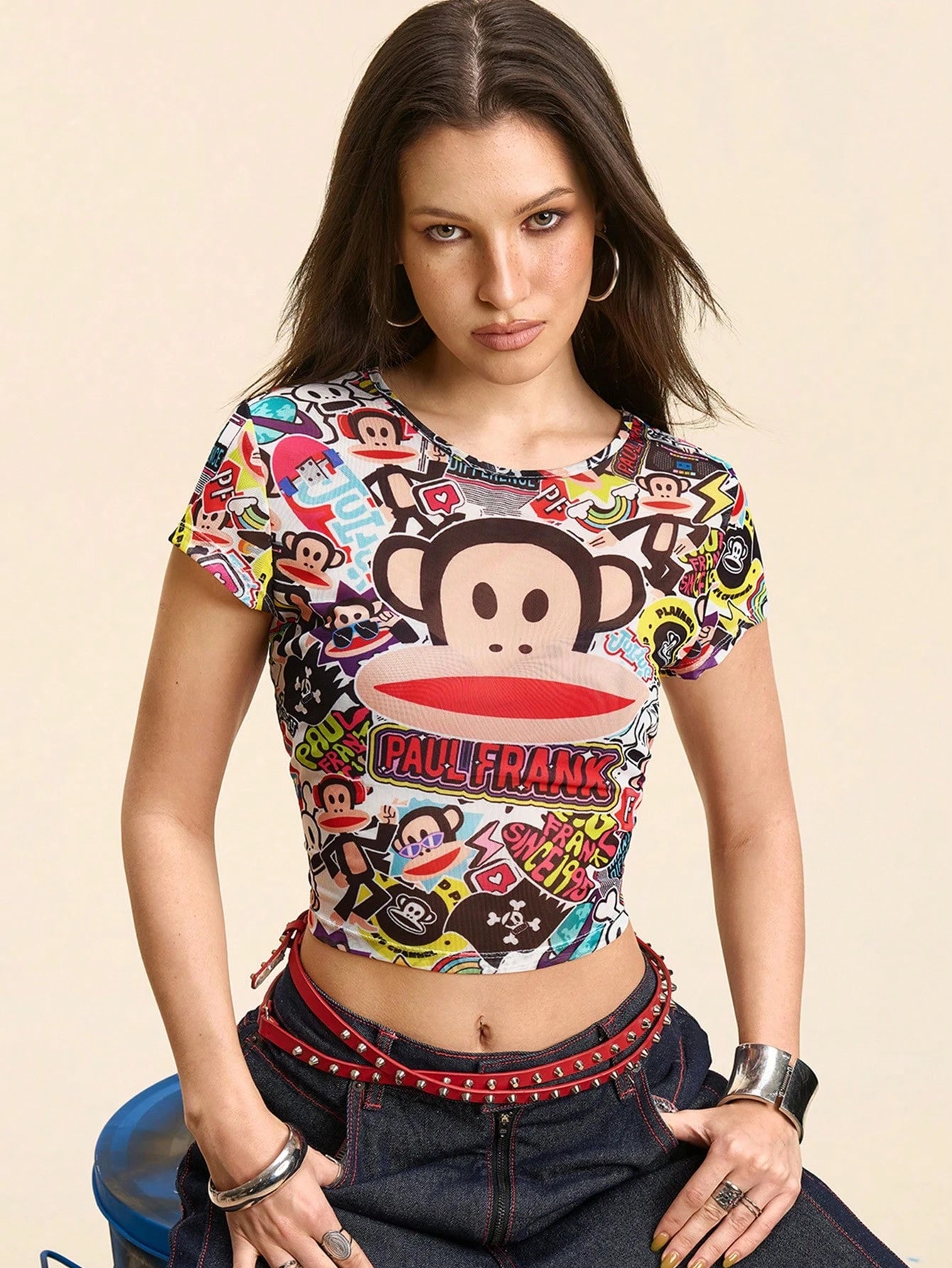 Paul Frank X Women's Monkey Print Fitted Round Neck Short Sleeve Top, Summer