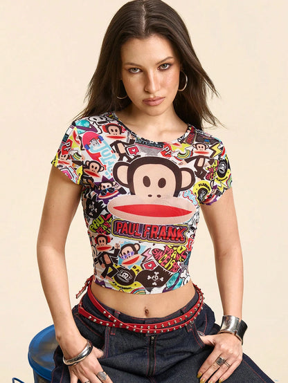 Paul Frank X Women's Monkey Print Fitted Round Neck Short Sleeve Top, Summer