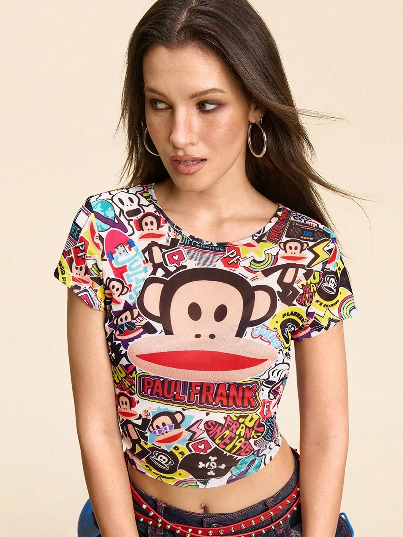 Paul Frank X Women's Monkey Print Fitted Round Neck Short Sleeve Top, Summer