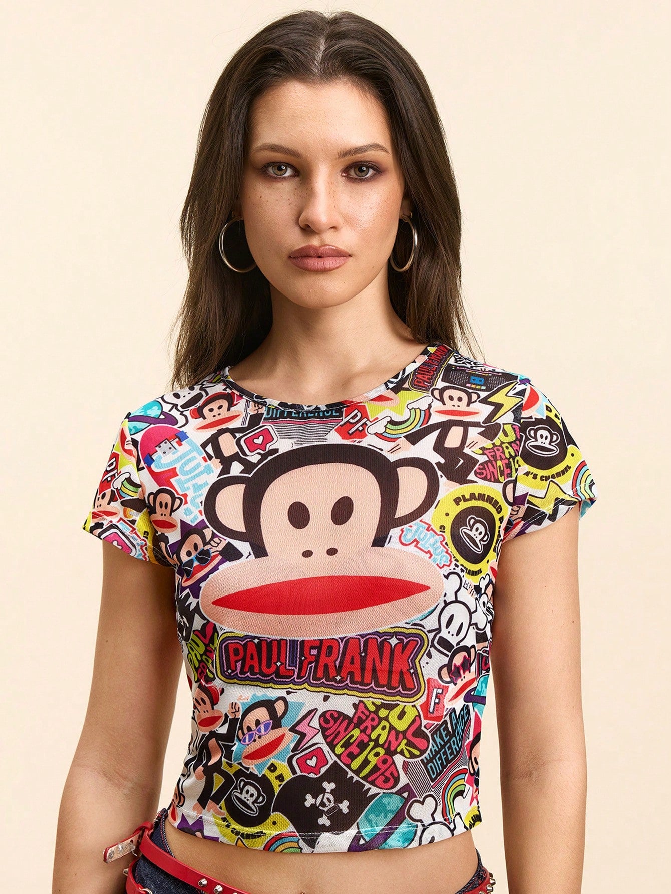 Paul Frank X Women's Monkey Print Fitted Round Neck Short Sleeve Top, Summer