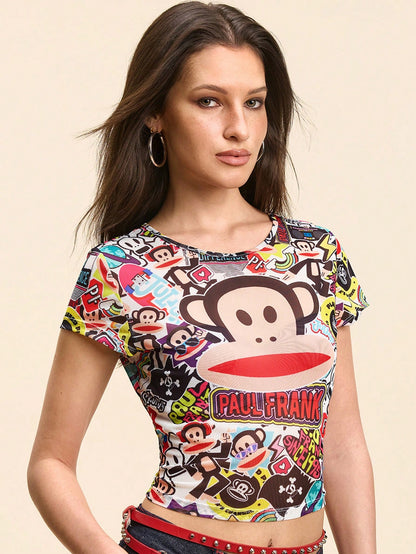 Paul Frank X Women's Monkey Print Fitted Round Neck Short Sleeve Top, Summer