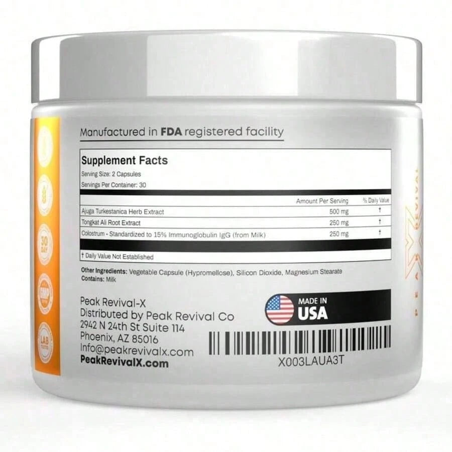 Peak Revival-X Turkesterone + Tongkat Ali + Colostrum – Testosterone, Muscle Growth & Energy Support – 60 Capsules