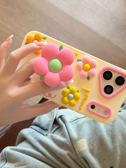 Pink Flower Expandable Phone Holder Compatible With Iphone 17 Pro Max, 17 New, 15 Creative, 14 Niche, 13 Female, 17 Pro, Silicone Shockproof Protective Case Compatible With Iphone 16 Pro Max