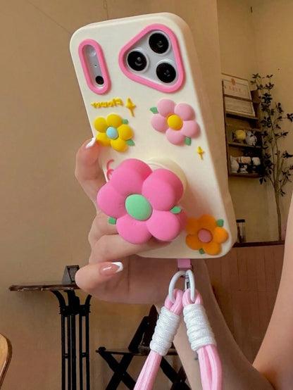 Pink Flower Expandable Phone Holder Compatible With Iphone 17 Pro Max, 17 New, 15 Creative, 14 Niche, 13 Female, 17 Pro, Silicone Shockproof Protective Case Compatible With Iphone 16 Pro Max