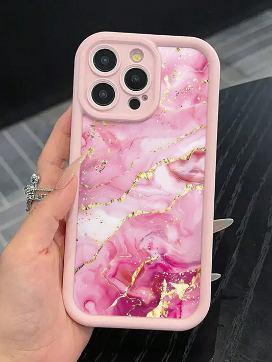 Pink Gilded Marble Pattern Painted Thick Phone Case, Full Coverage Anti-Drop Soft Shell, Large Window Lens Protection, Luxury Pink Gold Ink Print Protective Case, Suitable Compatible With Apple 17/17