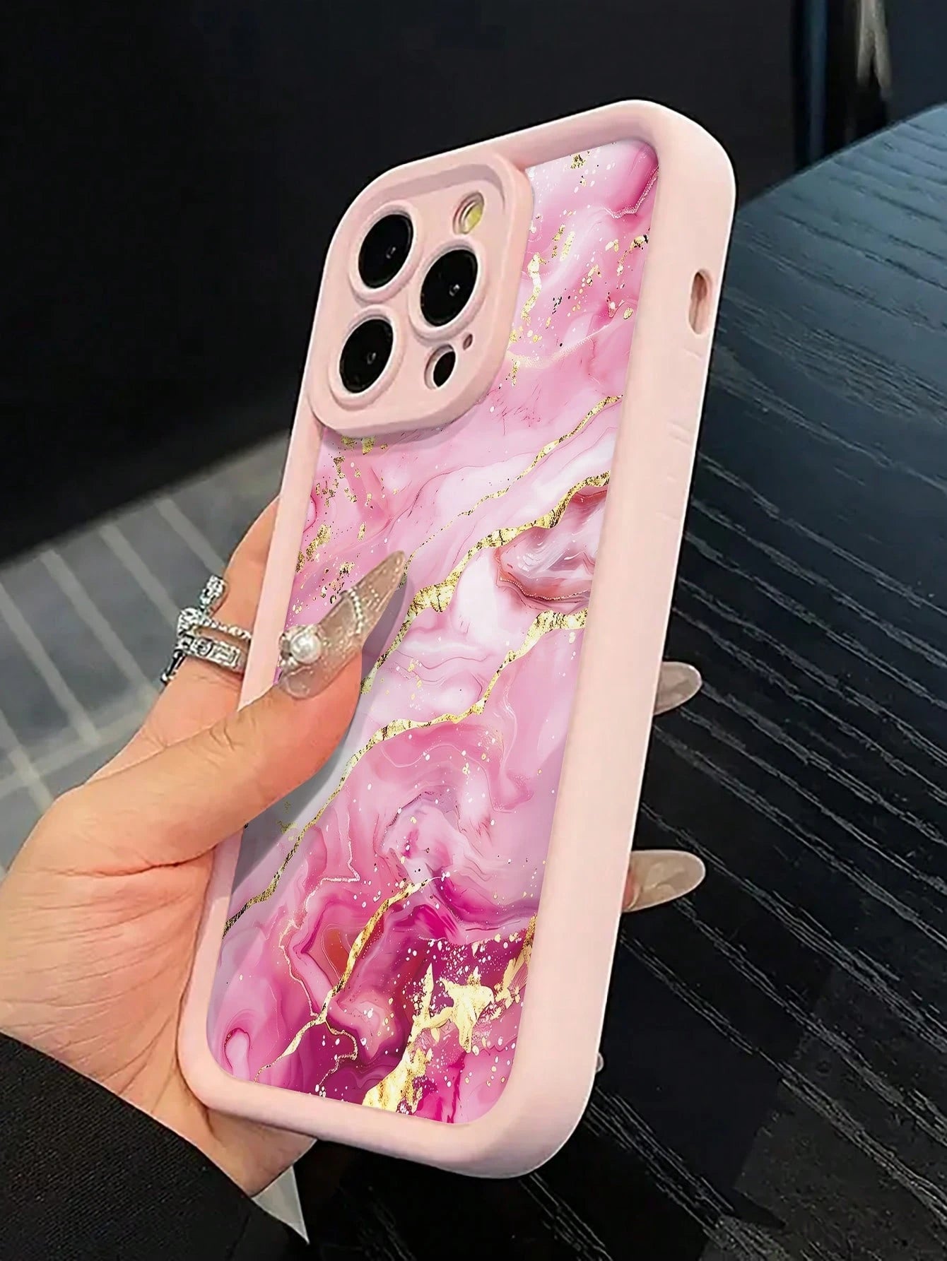Pink Gilded Marble Pattern Painted Thick Phone Case, Full Coverage Anti-Drop Soft Shell, Large Window Lens Protection, Luxury Pink Gold Ink Print Protective Case, Suitable Compatible With Apple 17/17