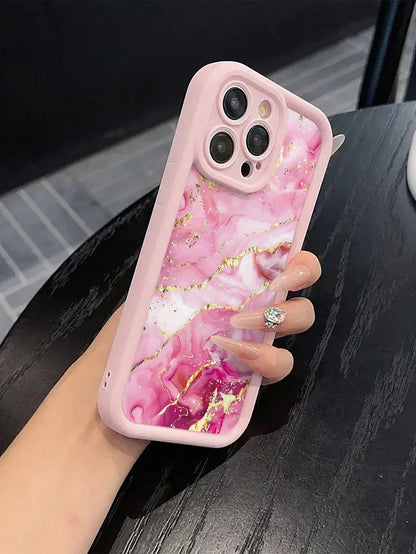 Pink Gilded Marble Pattern Painted Thick Phone Case, Full Coverage Anti-Drop Soft Shell, Large Window Lens Protection, Luxury Pink Gold Ink Print Protective Case, Suitable Compatible With Apple 17/17