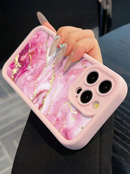 Pink Gilded Marble Pattern Painted Thick Phone Case, Full Coverage Anti-Drop Soft Shell, Large Window Lens Protection, Luxury Pink Gold Ink Print Protective Case, Suitable Compatible With Apple 17/17