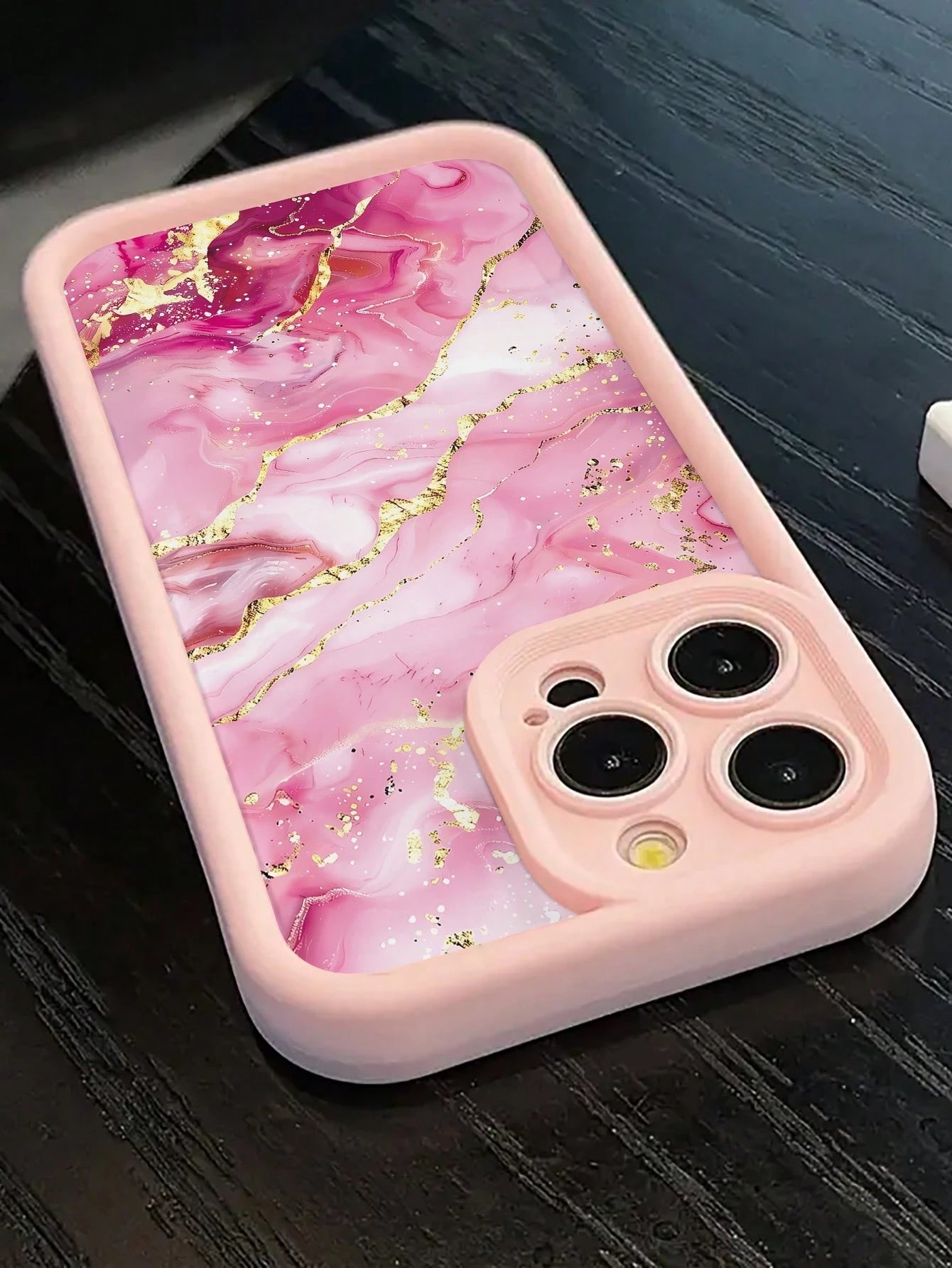 Pink Gilded Marble Pattern Painted Thick Phone Case, Full Coverage Anti-Drop Soft Shell, Large Window Lens Protection, Luxury Pink Gold Ink Print Protective Case, Suitable Compatible With Apple 17/17