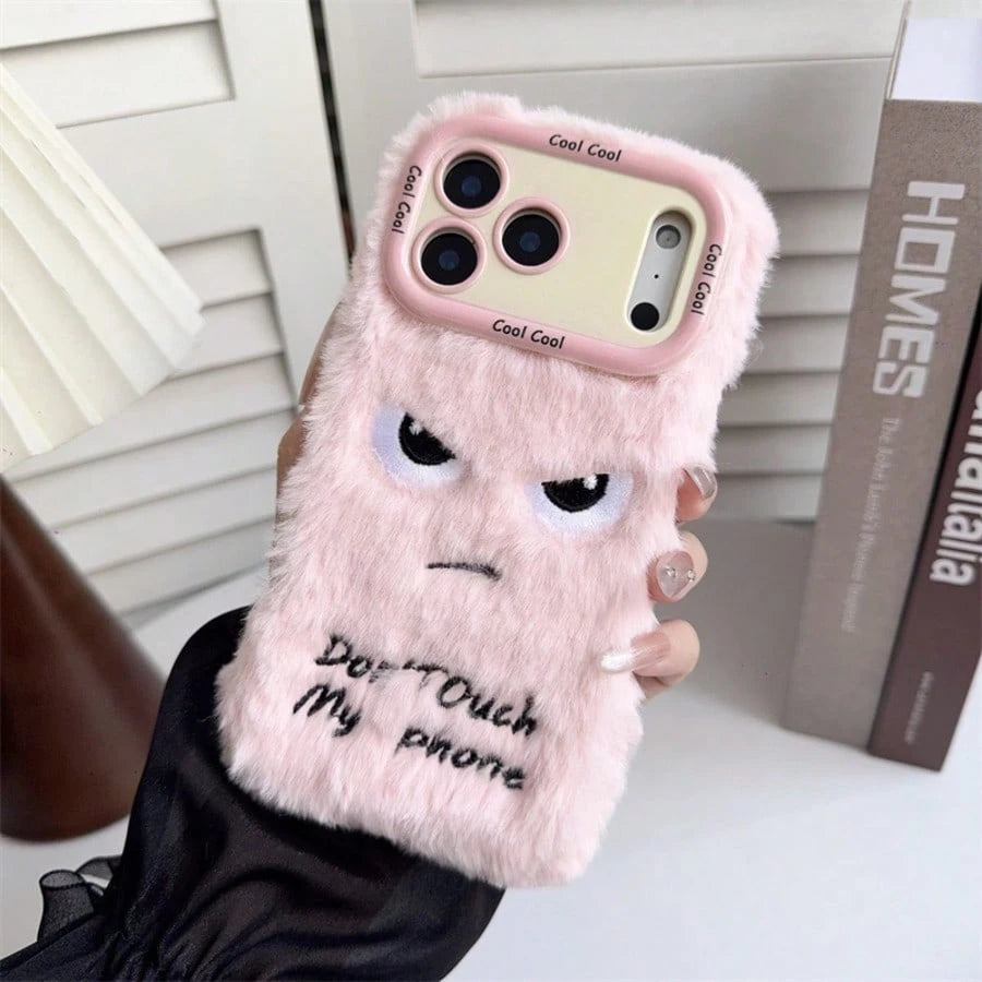 Pink Plush Phone Case Compatible With Apple 17/16/15/14/13/12/11 Pro Max, "Don't Touch My Phone" Text, Angry Expression Embroidery, With Shockproof Camera Stand