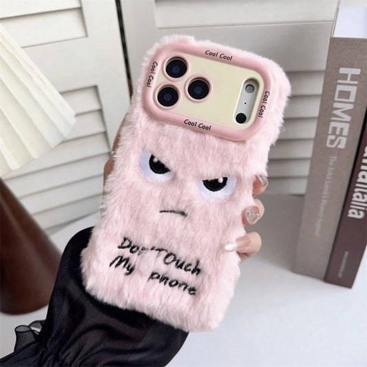 Pink Plush Phone Case Compatible With Apple 17/16/15/14/13/12/11 Pro Max, "Don't Touch My Phone" Text, Angry Expression Embroidery, With Shockproof Camera Stand