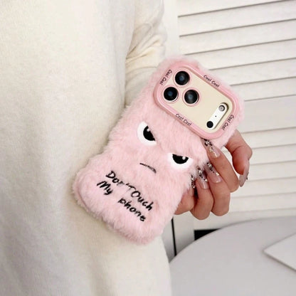 Pink Plush Phone Case Compatible With Apple 17/16/15/14/13/12/11 Pro Max, "Don't Touch My Phone" Text, Angry Expression Embroidery, With Shockproof Camera Stand