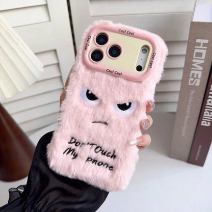 Pink Plush Phone Case Compatible With Apple 17/16/15/14/13/12/11 Pro Max, "Don't Touch My Phone" Text, Angry Expression Embroidery, With Shockproof Camera Stand