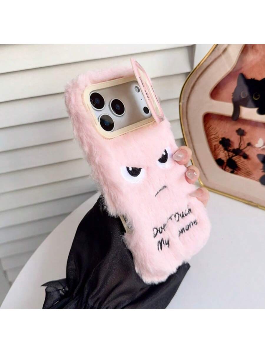 Pink Plush Phone Case Compatible With Apple 17/16/15/14/13/12/11 Pro Max, "Don't Touch My Phone" Text, Angry Expression Embroidery, With Shockproof Camera Stand