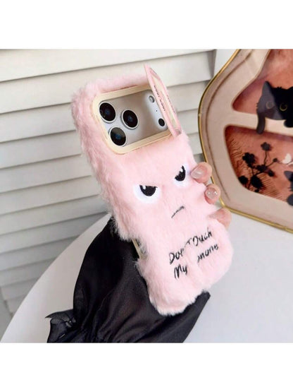 Pink Plush Phone Case Compatible With Apple 17/16/15/14/13/12/11 Pro Max, "Don't Touch My Phone" Text, Angry Expression Embroidery, With Shockproof Camera Stand