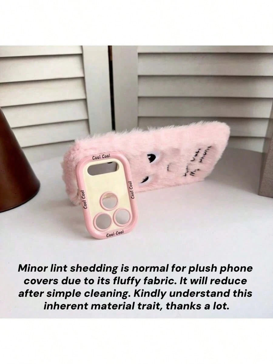 Pink Plush Phone Case Compatible With Apple 17/16/15/14/13/12/11 Pro Max, "Don't Touch My Phone" Text, Angry Expression Embroidery, With Shockproof Camera Stand