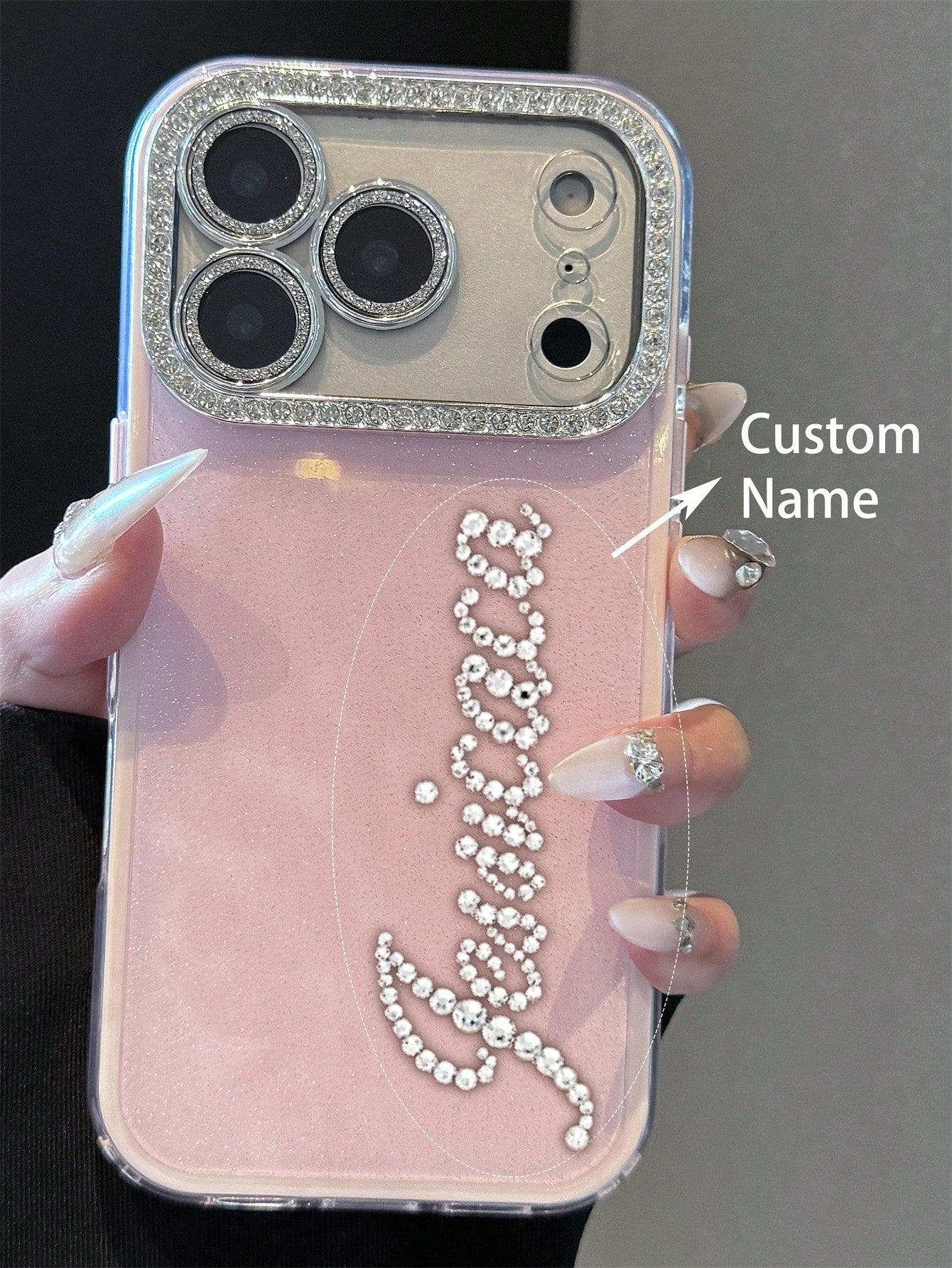 Pink Rhinestone Glitter Personalized Name Design Phone Case, Compatible With 17 Pro Max, 17, 16, 15, 14, 13, 12 Pro Max, Shock-Proof Protective Cover, Birthday Gift Anniversary Wedding Party Mom Gift