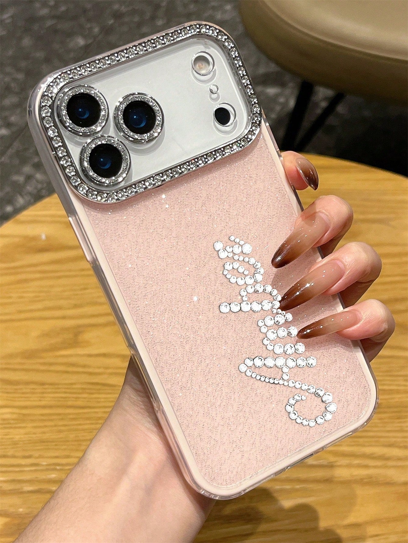 Pink Rhinestone Glitter Personalized Name Design Phone Case, Compatible With 17 Pro Max, 17, 16, 15, 14, 13, 12 Pro Max, Shock-Proof Protective Cover, Birthday Gift Anniversary Wedding Party Mom Gift