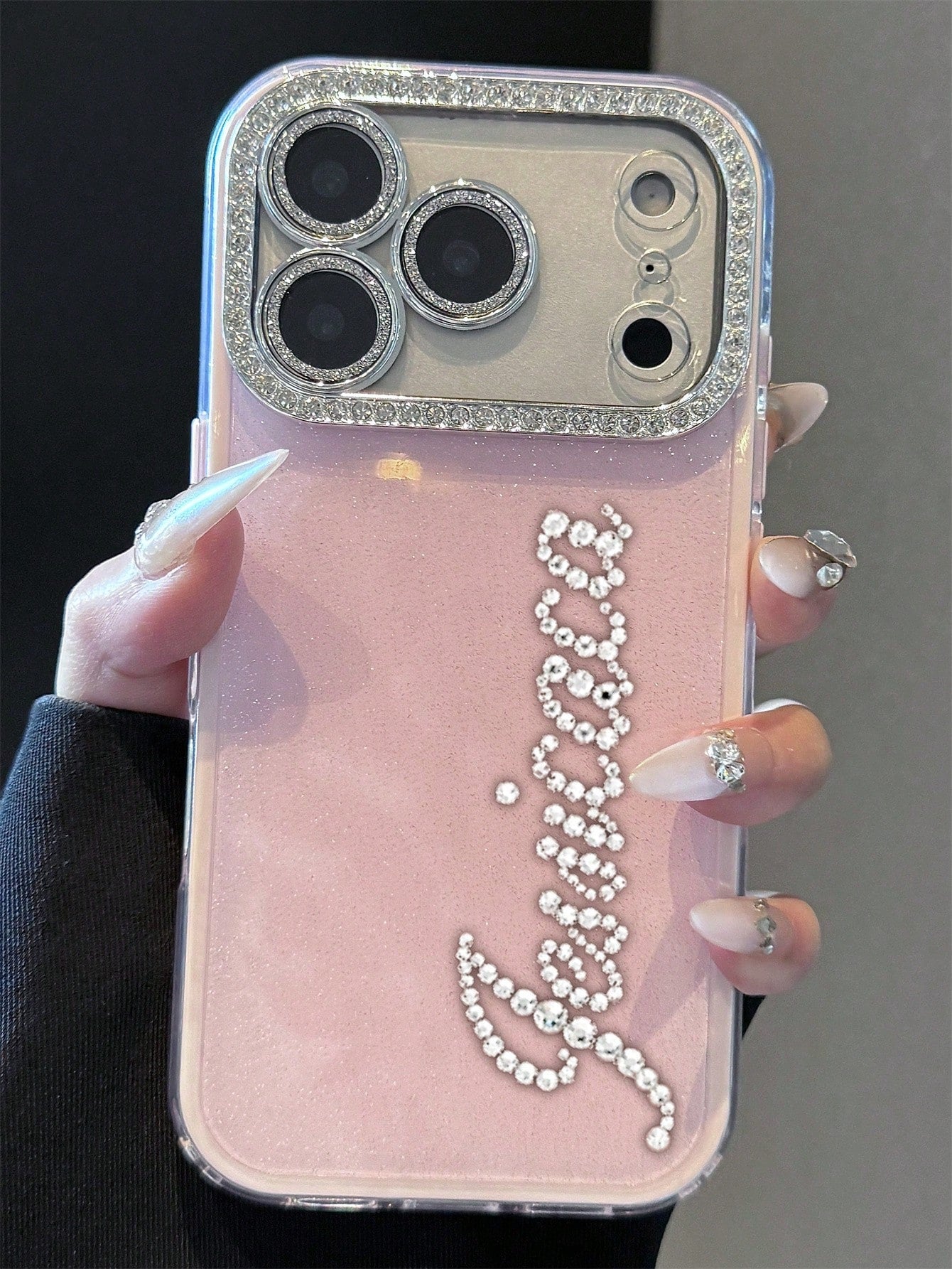 Pink Rhinestone Glitter Personalized Name Design Phone Case, Compatible With 17 Pro Max, 17, 16, 15, 14, 13, 12 Pro Max, Shock-Proof Protective Cover, Birthday Gift Anniversary Wedding Party Mom Gift