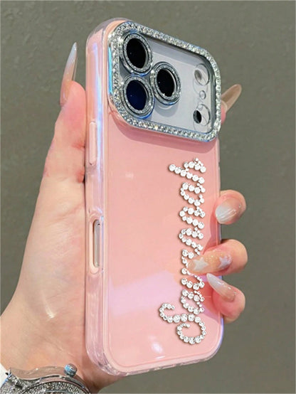 Pink Rhinestone Glitter Personalized Name Design Phone Case, Compatible With 17 Pro Max, 17, 16, 15, 14, 13, 12 Pro Max, Shock-Proof Protective Cover, Birthday Gift Anniversary Wedding Party Mom Gift