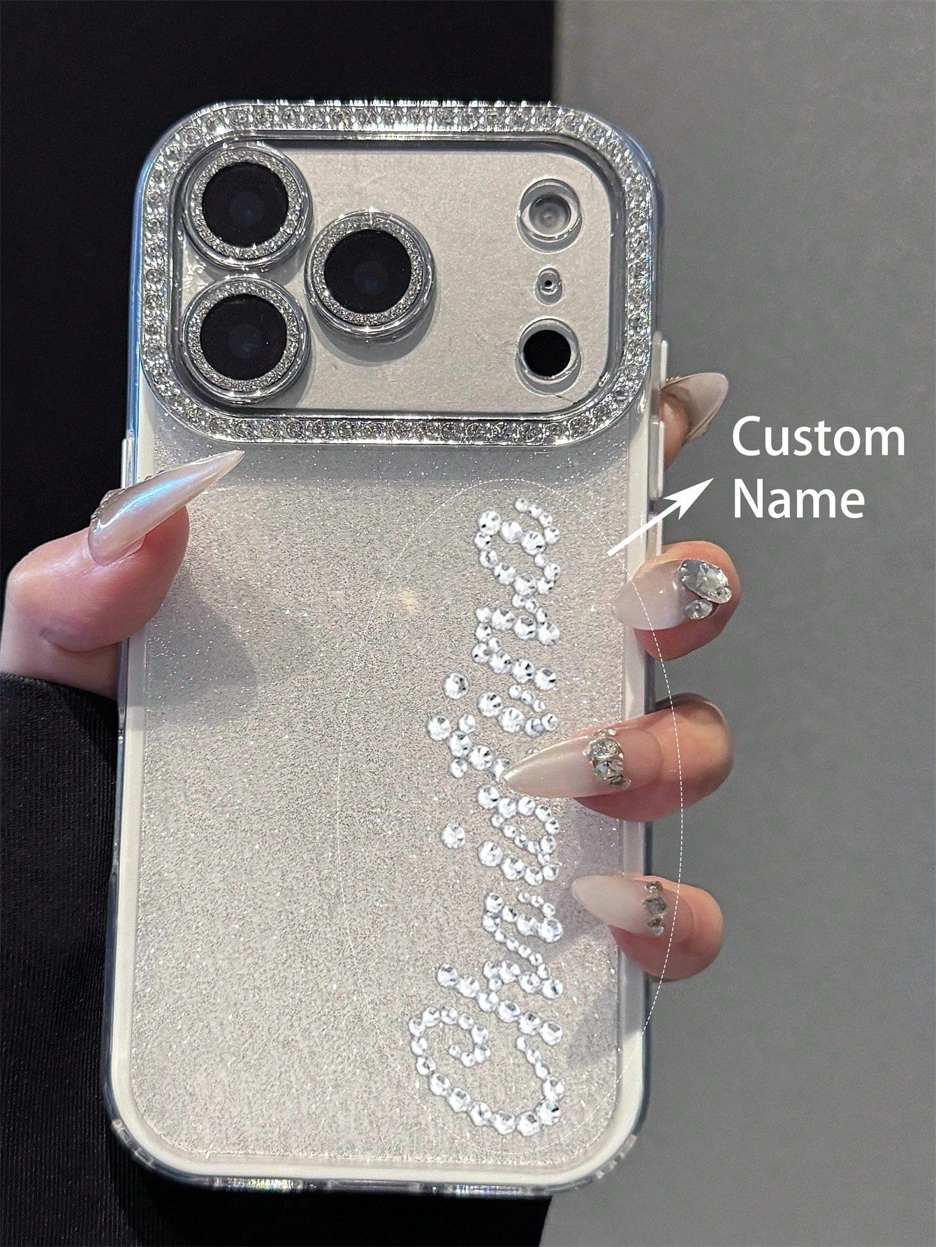 Pink Rhinestone Glitter Personalized Name Design Phone Case, Compatible With 17 Pro Max, 17, 16, 15, 14, 13, 12 Pro Max, Shock-Proof Protective Cover, Birthday Gift Anniversary Wedding Party Mom Gift