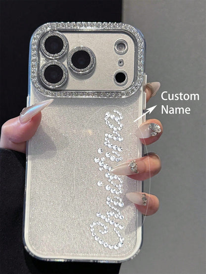 Pink Rhinestone Glitter Personalized Name Design Phone Case, Compatible With 17 Pro Max, 17, 16, 15, 14, 13, 12 Pro Max, Shock-Proof Protective Cover, Birthday Gift Anniversary Wedding Party Mom Gift