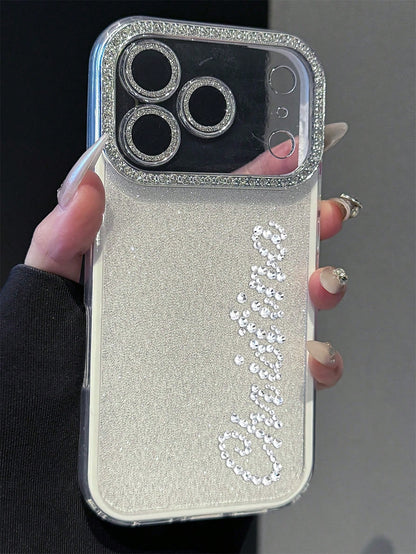 Pink Rhinestone Glitter Personalized Name Design Phone Case, Compatible With 17 Pro Max, 17, 16, 15, 14, 13, 12 Pro Max, Shock-Proof Protective Cover, Birthday Gift Anniversary Wedding Party Mom Gift