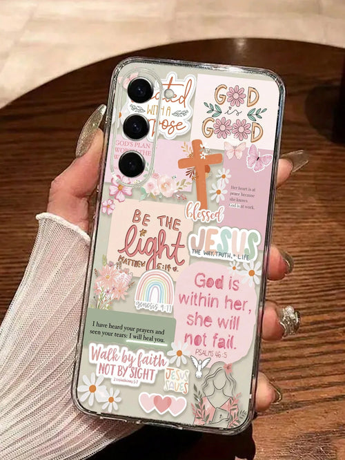 Pink Slogan Element Fashion Shockproof 1pc Transparent Perforated Pink Patchwork Letter Painted Thick Shockproof Phone Case/Cover Compatible With IPhone/ Galaxy Smartphones International Version Not T
