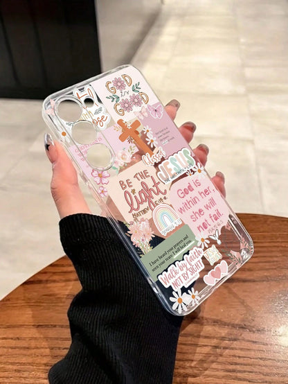 Pink Slogan Element Fashion Shockproof 1pc Transparent Perforated Pink Patchwork Letter Painted Thick Shockproof Phone Case/Cover Compatible With IPhone/ Galaxy Smartphones International Version Not T