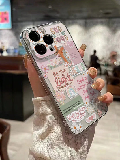 Pink Slogan Element Fashion Shockproof 1pc Transparent Perforated Pink Patchwork Letter Painted Thick Shockproof Phone Case/Cover Compatible With IPhone/ Galaxy Smartphones International Version Not T