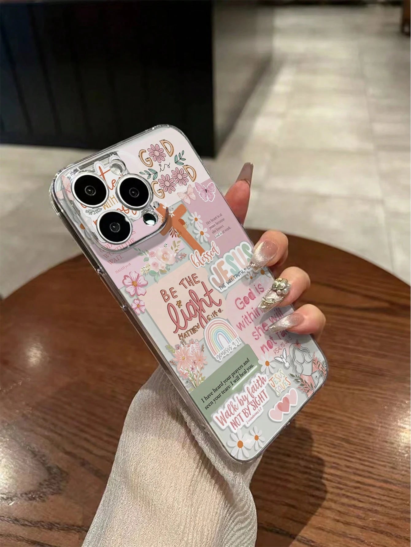 Pink Slogan Element Fashion Shockproof 1pc Transparent Perforated Pink Patchwork Letter Painted Thick Shockproof Phone Case/Cover Compatible With IPhone/ Galaxy Smartphones International Version Not T