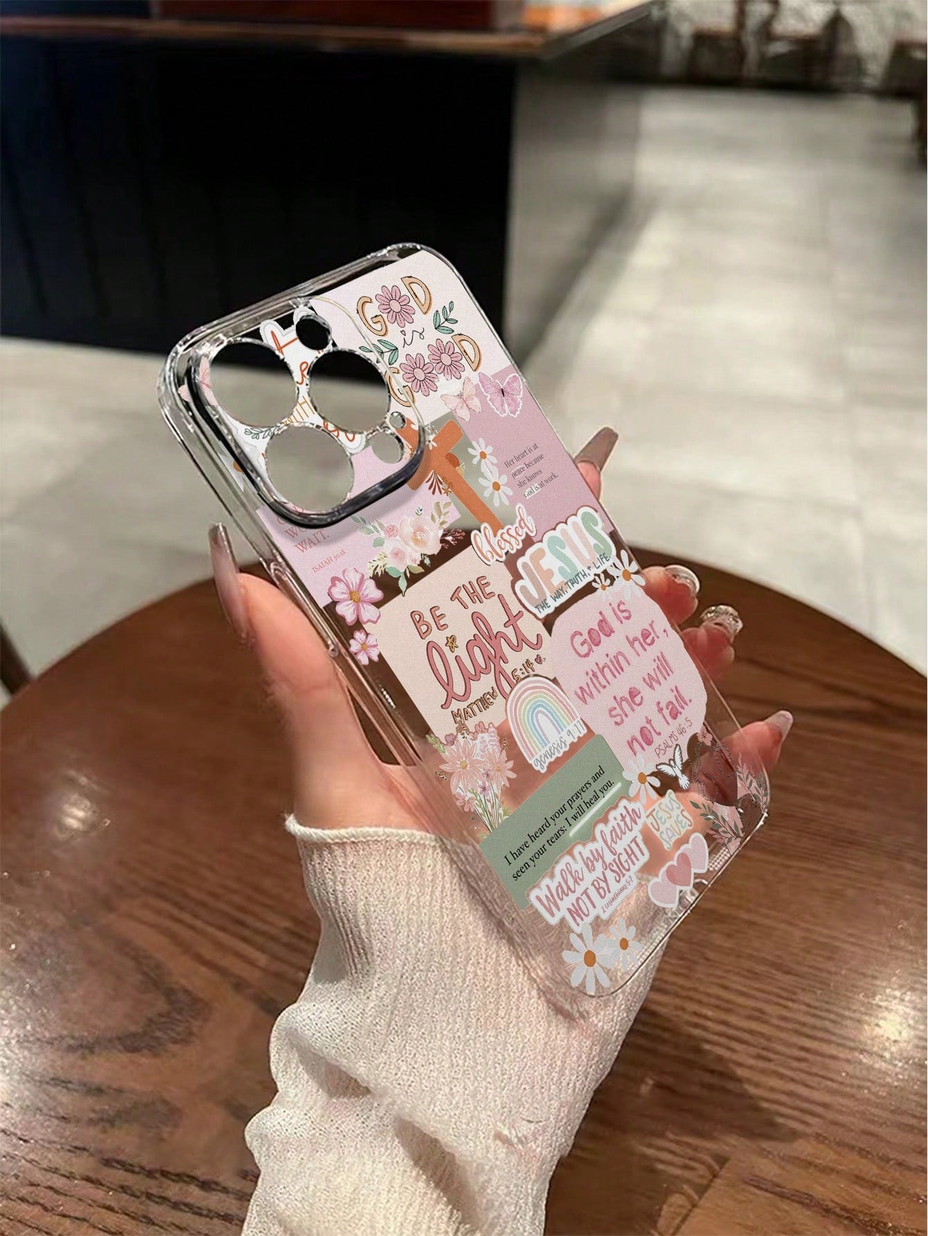 Pink Slogan Element Fashion Shockproof 1pc Transparent Perforated Pink Patchwork Letter Painted Thick Shockproof Phone Case/Cover Compatible With IPhone/ Galaxy Smartphones International Version Not T