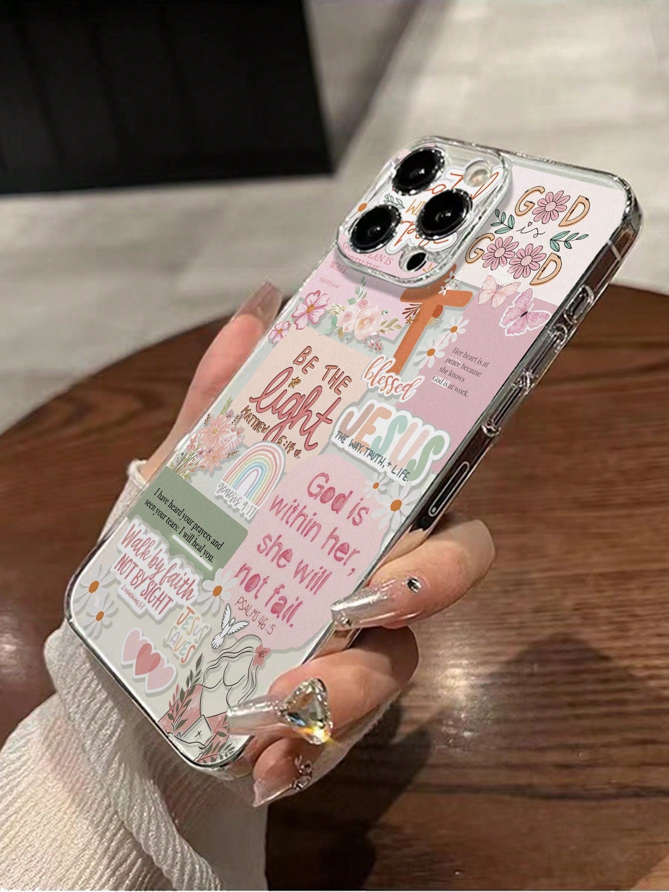 Pink Slogan Element Fashion Shockproof 1pc Transparent Perforated Pink Patchwork Letter Painted Thick Shockproof Phone Case/Cover Compatible With IPhone/ Galaxy Smartphones International Version Not T
