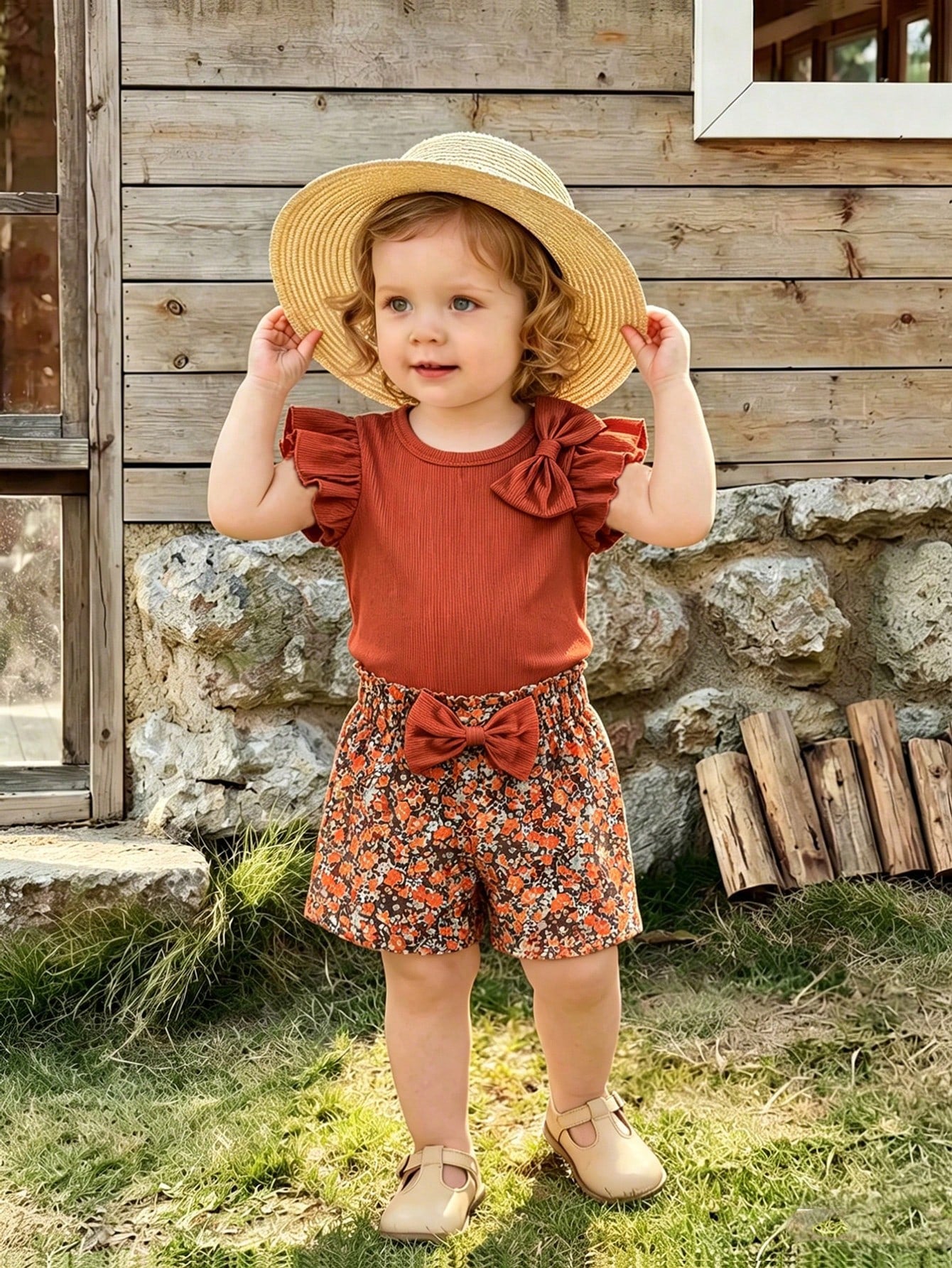 Playful Pals 0-3 Years Old Baby Girl 2-Piece Set  Elegant Bow Tie Ruffle Sleeve Top+Cinched Waist Shorts  Casual Vacation & Daily Wear Comfortable Matching Outfit