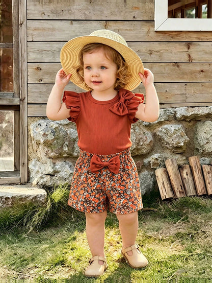Playful Pals 0-3 Years Old Baby Girl 2-Piece Set  Elegant Bow Tie Ruffle Sleeve Top+Cinched Waist Shorts  Casual Vacation & Daily Wear Comfortable Matching Outfit