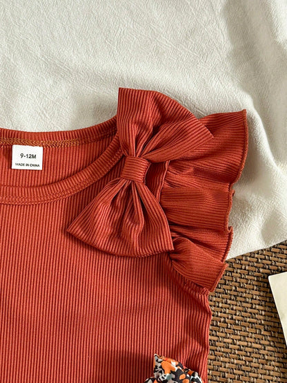 Playful Pals 0-3 Years Old Baby Girl 2-Piece Set  Elegant Bow Tie Ruffle Sleeve Top+Cinched Waist Shorts  Casual Vacation & Daily Wear Comfortable Matching Outfit