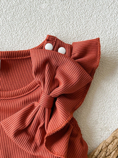 Playful Pals 0-3 Years Old Baby Girl 2-Piece Set  Elegant Bow Tie Ruffle Sleeve Top+Cinched Waist Shorts  Casual Vacation & Daily Wear Comfortable Matching Outfit