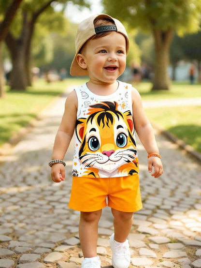 Playful Pals 2pcs Baby Boy Casual Cute Animal Print Vest Top And Solid Color Shorts Set Suitable For Outdoor Wear In Summer Holiday Evening White Burnt Orange