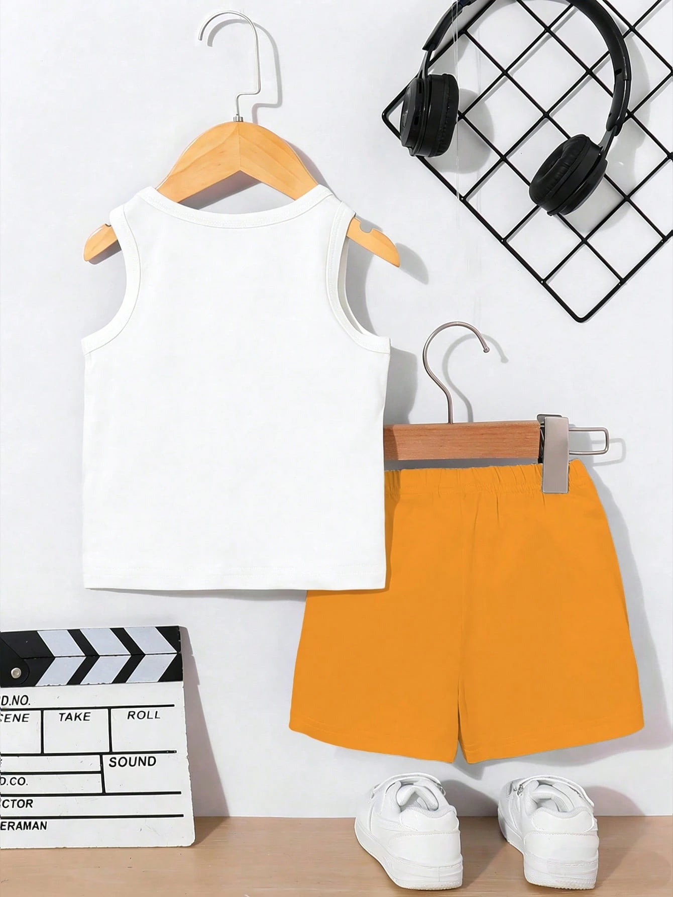 Playful Pals 2pcs Baby Boy Casual Cute Animal Print Vest Top And Solid Color Shorts Set Suitable For Outdoor Wear In Summer Holiday Evening White Burnt Orange