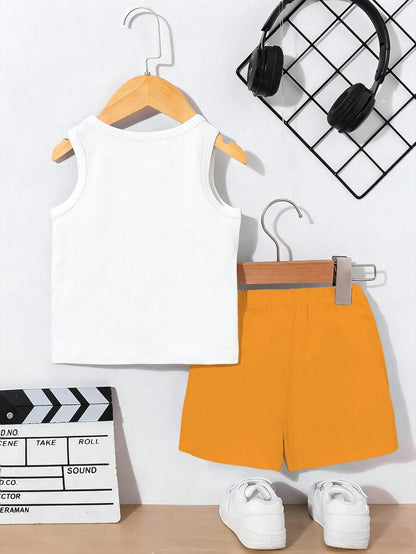 Playful Pals 2pcs Baby Boy Casual Cute Animal Print Vest Top And Solid Color Shorts Set Suitable For Outdoor Wear In Summer Holiday Evening White Burnt Orange