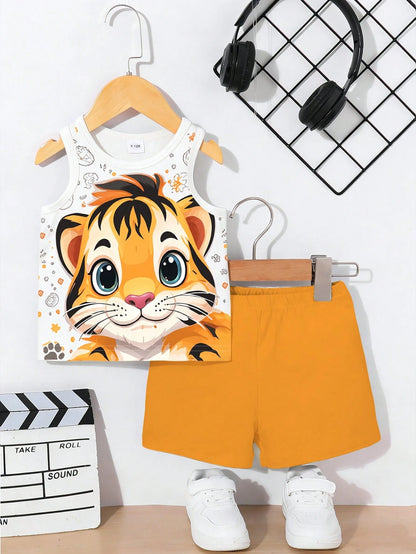 Playful Pals 2pcs Baby Boy Casual Cute Animal Print Vest Top And Solid Color Shorts Set Suitable For Outdoor Wear In Summer Holiday Evening White Burnt Orange